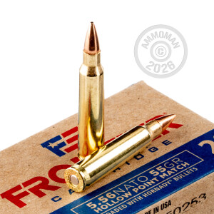 A photograph detailing the 5.56x45mm ammo with HP bullets made by Hornady.