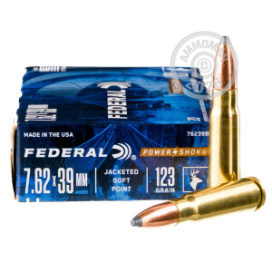 Photo detailing the 7.62X39 FEDERAL POWER-SHOK 123 GRAIN JSP (20 ROUNDS) for sale at AmmoMan.com.