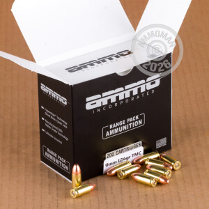 A photograph detailing the 9mm Luger ammo with TMJ bullets made by Ammo Incorporated.
