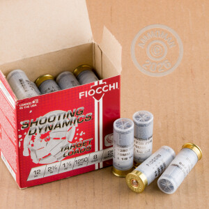 Photo detailing the 12 GAUGE FIOCCHI 2-3/4" 1-1/8 OZ. #8 SHOT (250 ROUNDS) for sale at AmmoMan.com.