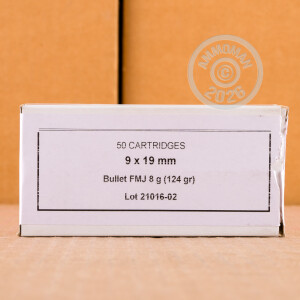 A photograph of 50 rounds of 124 grain 9mm Luger ammo with a FMJ bullet for sale.