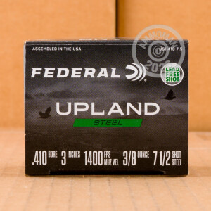 Photo detailing the 410 BORE FEDERAL UPLAND STEEL 3" 3/8 OZ. #7.5 SHOT (25 ROUNDS) for sale at AmmoMan.com.