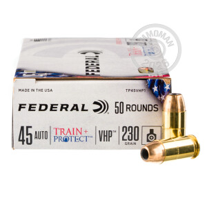 Image of the 45 ACP FEDERAL TRAIN + PROTECT 230 GRAIN JHP (500 ROUNDS) available at AmmoMan.com.