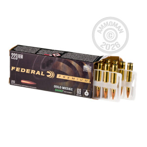 Photo detailing the 223 REMINGTON FEDERAL PREMIUM SIERRA MATCHKING GOLD METAL 69 GRAIN BTHP (20 ROUNDS) for sale at AmmoMan.com.