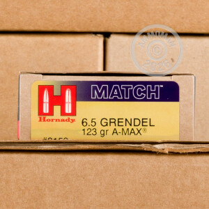 Photograph showing detail of 6.5MM GRENDEL HORNADY CUSTOM A-MAX 123 GRAIN JHP (200 ROUNDS)
