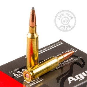 A photograph detailing the 6.5MM CREEDMOOR ammo with soft point bullets made by Aguila.