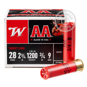 Image of the 28 GAUGE WINCHESTER AA 2-3/4" 3/4 OZ. #9 SHOT (250 ROUNDS) available at AmmoMan.com.