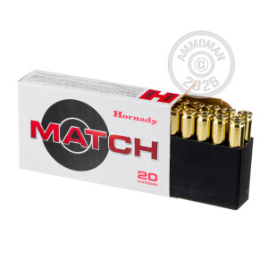 A photograph detailing the 308 / 7.62x51 ammo with Hollow-Point Boat Tail (HP-BT) bullets made by Hornady.