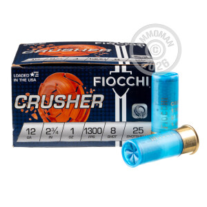 Photo detailing the 12 GAUGE FIOCCHI CRUSHER 2 3/4“ 1 OZ. #8 SHOT (25 ROUNDS) for sale at AmmoMan.com.