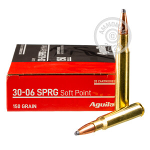 A photograph detailing the 30.06 Springfield ammo with soft point bullets made by Aguila.