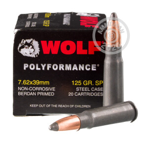 Photo detailing the 7.62x39 WOLF POLYFORMANCE 125 GRAIN SP (1000 ROUNDS) for sale at AmmoMan.com.