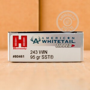 Photograph showing detail of 243 WIN HORNADY AMERICAN WHITETAIL TIPPED 95 GRAIN SST (20 ROUNDS)