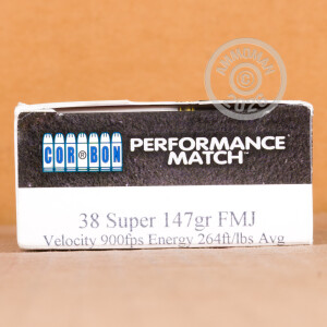 Photo detailing the 38 SUPER CORBON PERFORMANCE MATCH 147 GRAIN FMJ (50 ROUNDS) for sale at AmmoMan.com.