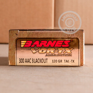 Photo detailing the 300 AAC BLACKOUT BARNES VOR-TX 120 GRAIN TAC-TX BT (200 ROUNDS) for sale at AmmoMan.com.
