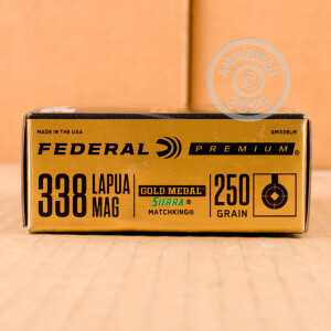 A photograph of 20 rounds of 250 grain 338 Lapua Magnum ammo with a Hollow-Point Boat Tail (HP-BT) bullet for sale.