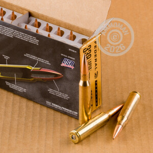 A photograph detailing the 338 Lapua Magnum ammo with Hollow-Point Boat Tail (HP-BT) bullets made by Federal.