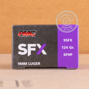 Photograph showing detail of 9MM PMC SFX 124 GRAIN JHP (20 ROUNDS)