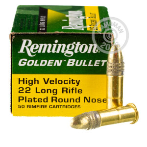 Photo detailing the 22 LR REMINGTON GOLDEN BULLET 40 GRAIN PLATED ROUND NOSE (500 ROUNDS) for sale at AmmoMan.com.