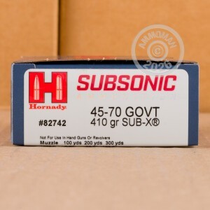 Image of 45-70 Government ammo by Hornady that's ideal for hunting wild pigs, Subsonic, whitetail hunting.