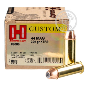 Photo detailing the 44 MAGNUM HORNADY CUSTOM 300 GRAIN XTP (200 ROUNDS) for sale at AmmoMan.com.