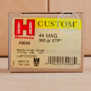 Photo detailing the 44 MAGNUM HORNADY CUSTOM 300 GRAIN XTP (200 ROUNDS) for sale at AmmoMan.com.