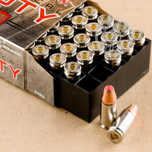 A photograph detailing the 9mm Luger ammo with flex tip technology bullets made by Hornady.