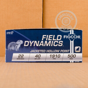 Photograph showing detail of 22WMR FIOCCHI 40 GRAIN JACKETED HOLLOW POINT (500 ROUNDS)