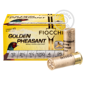 Photo detailing the 12 GAUGE FIOCCHI GOLDEN PHEASANT 2-3/4" 1-3/8 OZ. #4 NICKEL PLATED SHOT (25 ROUNDS) for sale at AmmoMan.com.