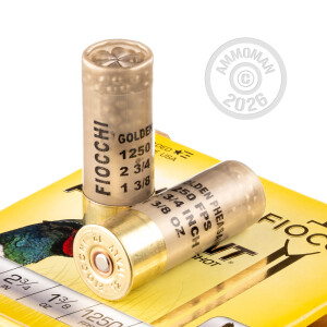 Photo detailing the 12 GAUGE FIOCCHI GOLDEN PHEASANT 2-3/4" 1-3/8 OZ. #4 NICKEL PLATED SHOT (25 ROUNDS) for sale at AmmoMan.com.
