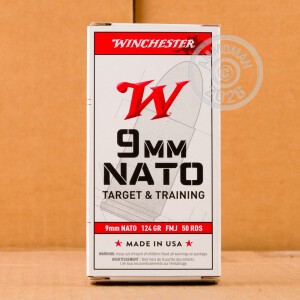 Photograph showing detail of 9MM LUGER WINCHESTER NATO 124 GRAIN FMJ (50 ROUNDS)