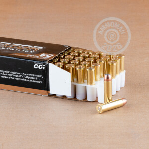 Image detailing the brass case and boxer primers on the Blazer Brass ammunition.