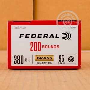 Photo detailing the 380 ACP FEDERAL CHAMPION 95 GRAIN FMJ (200 ROUNDS) for sale at AmmoMan.com.
