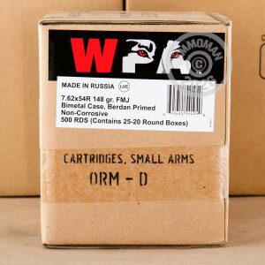 Photograph showing detail of 7.62X54R WOLF MILITARY CLASSIC 148 GRAIN FMJ (500 ROUNDS)