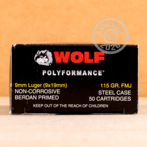 Photograph showing detail of 9MM LUGER WOLF WPA 115 GRAIN FMJ (500 ROUNDS) * STEEL CASE*