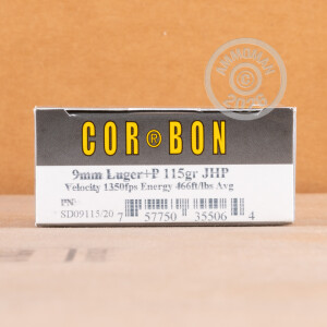 Image of the 9MM LUGER +P CORBON 115 GRAIN JHP (20 ROUNDS) available at AmmoMan.com.