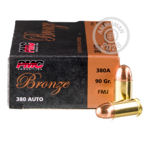Photograph showing detail of 380 ACP PMC 90 GRAIN FULL METAL JACKET (50 ROUNDS)