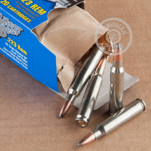 A photograph detailing the 223 Remington ammo with Soft-Point Boat Tail (SP-BT) bullets made by Silver Bear.