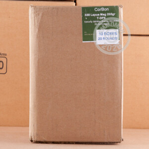 A photo of a box of Corbon ammo in 338 Lapua Magnum.
