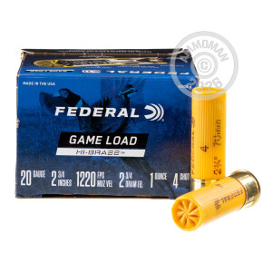 Image of the 20 GAUGE FEDERAL GAME LOAD UPLAND HI-BRASS 2-3/4" 1 OZ. #4 SHOT (250 ROUNDS) available at AmmoMan.com.