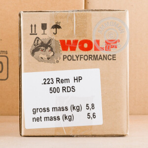 A photograph detailing the 223 Remington ammo with HP bullets made by Wolf.