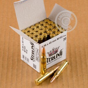 An image of bulk 5.56x45mm ammo made by Sterling at AmmoMan.com.