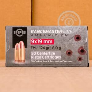 Photograph showing detail of 9MM PRVI PARTIZAN RANGEMASTER 124 GRAIN FMJ (1000 ROUNDS)