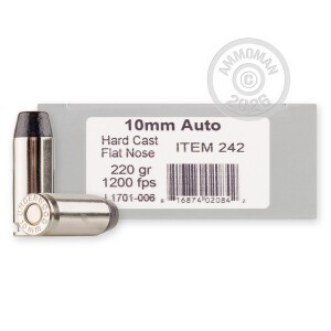 A photograph of 200 rounds of 220 grain 10mm ammo with a Hard Cast bullet for sale.