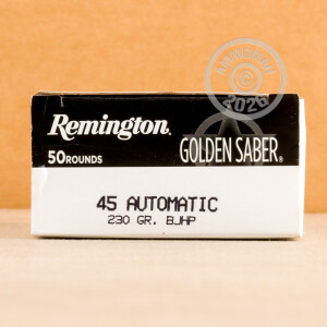 A photograph of 500 rounds of 230 grain .45 Automatic ammo with a Jacketed Hollow-Point (JHP) bullet for sale.