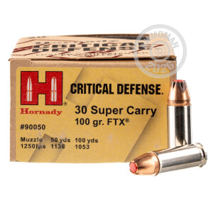A photo of a box of Hornady ammo in 30 Super Carry.