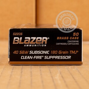 Photo detailing the 40 S&W BLAZER BRASS CLEAN-FIRE SUPPRESSOR 180 GRAIN TMJ (500 ROUNDS) for sale at AmmoMan.com.