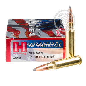 Photo detailing the 308 WIN HORNADY AMERICAN WHITETAIL 150 GRAIN INTERLOCK SP (200 ROUNDS) for sale at AmmoMan.com.
