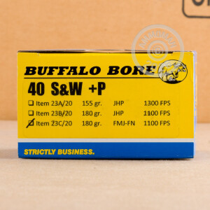 Photograph showing detail of 40 S&W +P BUFFALO BORE 180 GRAIN FMJ-FN (20 ROUNDS)