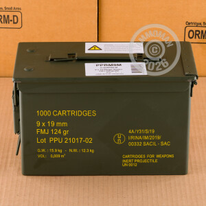 Photograph showing detail of 9MM PRVI PARTIZAN RANGEMASTER 124 GRAIN FMJ (1000 ROUNDS IN AMMO CAN)