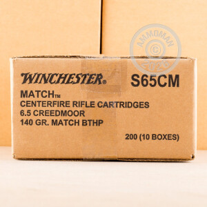 A photograph of 20 rounds of 140 grain 6.5MM CREEDMOOR ammo with a Hollow-Point Boat Tail (HP-BT) bullet for sale.
